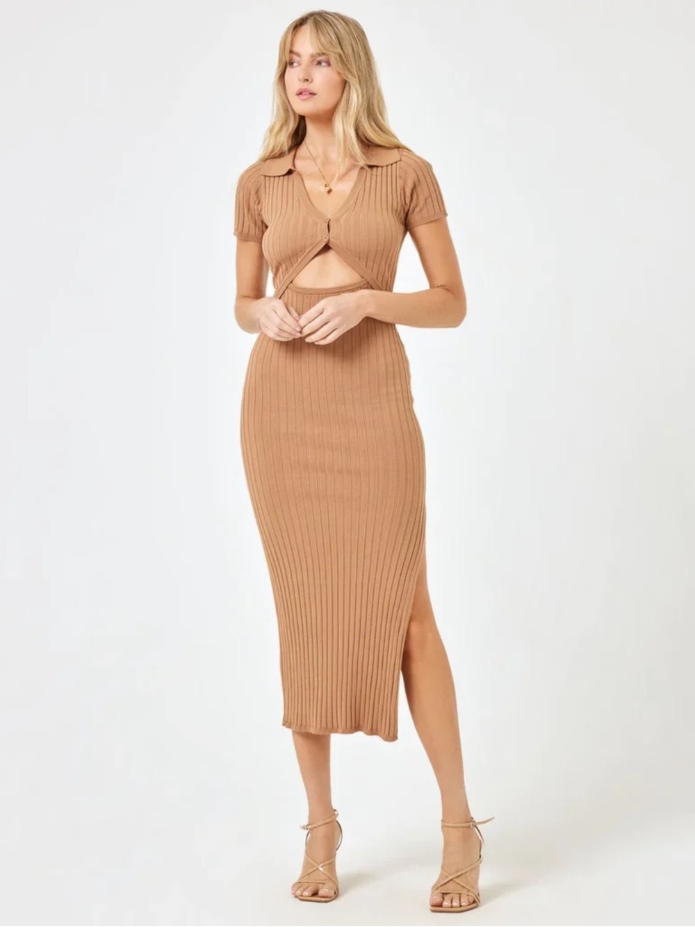 l*space Camel Ribbed Midi Skirt with Side Slit